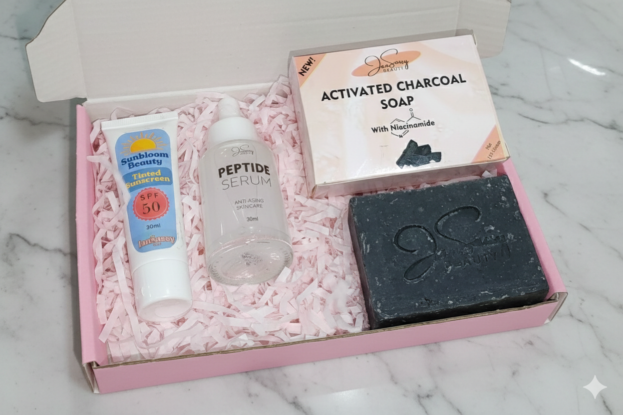 Jansassy Beauty Skincare Set Tinted Sunscreen, Peptide Serum & Charcoal Soap 30 % OFF & Free Shippingf