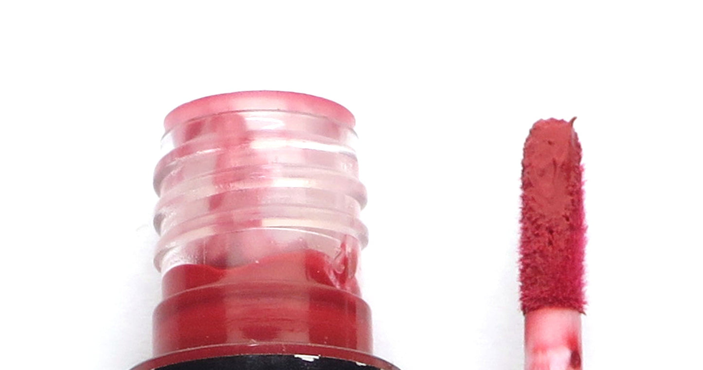 Lip Cloud Cherry Bomb, Front view Bottle, Lip Tint, open bottle, brush shade view
