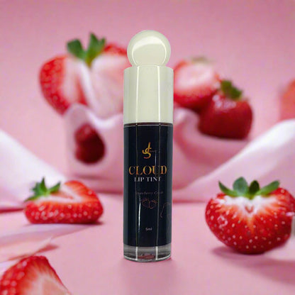 Lip Cloud Strawberry Crush, Front view Bottle, Lip Tint, lip gloss, fruit background